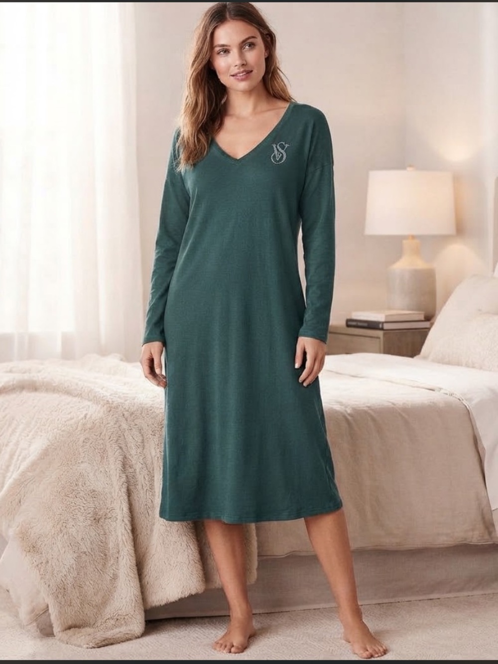 Victoria's Secret Green Long Sleeve V-Neck Sleep Shirt Nightgown Dress Size XL/X